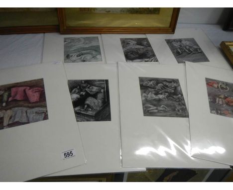 7 Henry Moore shelter sketch prints, circa 1945, approximately 16" x 12", sealed
