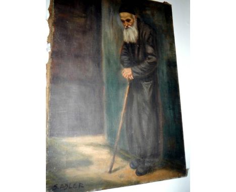 An old oil on canvas full length portrait of a Jewish Rabbi signed S Adler, image 56 x 38 cm