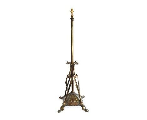 An Art Nouveau Lacquered Copper Telescopic Standard Lamp, c.1910, on four supports, weighted base stamped C?A, 126cm high to 