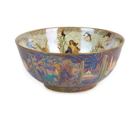 A Wedgwood Fairyland Lustre Poplar Trees and Elves and Bell Branch Imperial Bowl, designed by Daisy Makeig-Jones, printed and