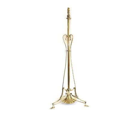 An Art Nouveau Brass Telescopic Standard Lamp, c.1910, on three whiplash supports, weighted base stamped L479, 123cm high to 