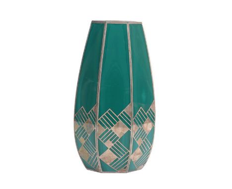 An Art Deco Continental Faceted Malachite Glass Vase, with repeating silver overlay decoration, unmarked, 24cm high .Some wea