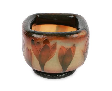 A Daum Nancy Cameo Glass Vase, circa 1900, folded over rim, cut with crocus in amber on a martelé ground, signed DAUM NANCY w