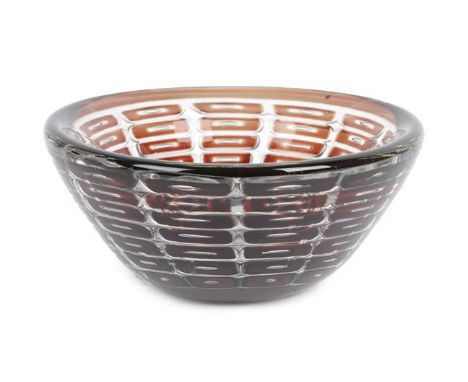 Edvin Öhrström (1906-1994) for Orrefors Ariel Glass Bowl, the thick glass wall with radiating burgundy and clear square patte