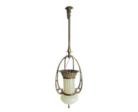 An Art Nouveau Brass Harp Gas Pendant Lamp, with vaseline glass shade, 95cm