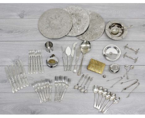 Good collection of plated EPNS and stainless flatware and serving wares; including three circular place mats, christening bow