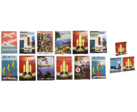 Collection of small scale colour reproduction vintage travel advertisement posters; Lake Garda, Hong Kong, Sanremo, Chicago W