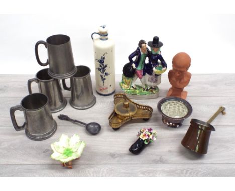 Mixed lot - four pewter tankards, tallest 5.5" high, pewter figural finial spoon, plaster bust marked Voltaire to the undersi