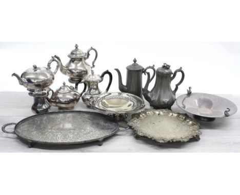 Collection of EPNS pots and table wares, including trays, coffee pots, water pots, by James Dixon &amp; Sons, Thomas Otley et