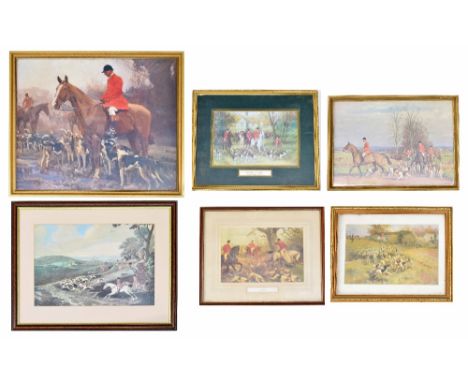 Framed Alfred Munnings hunting print - 'The Huntsman and Hounds', 20.5" x 17"; together with further five hunting prints incl