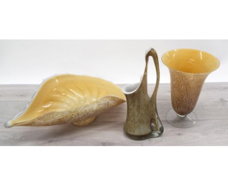 Trio of Italian 'Cello' handmade snakeskin art glass pieces; vase 11.5" high, stylised jug vase 15" high and shell form bowl 