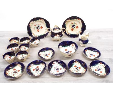 19th century Gaudy Welsh part tea set; comprising sucrier, bowl 7.5" diameter, two plates 9" diameter, seven cups with saucer