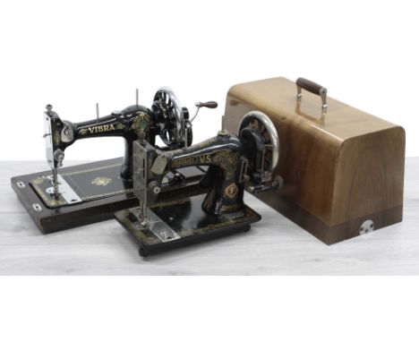 Vibra wooden cased manual sewing machine; together with a Bradbury's family V.S sewing machine (2)