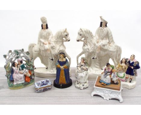 Collection of pottery and porcelain including pair of Staffordshire figures on horseback, a further Staffordshire figures, se