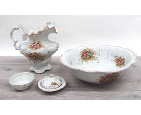 Attractive Staffordshire 'Real Ironstone China' transfer printed jug and basin wash set, jug 14" high, with soap dish and cov