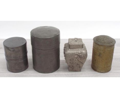 Two Chinese pewter tea caddies, tallest 7" high, both with engraved decoration; together with an Eastern brass caddy and anot