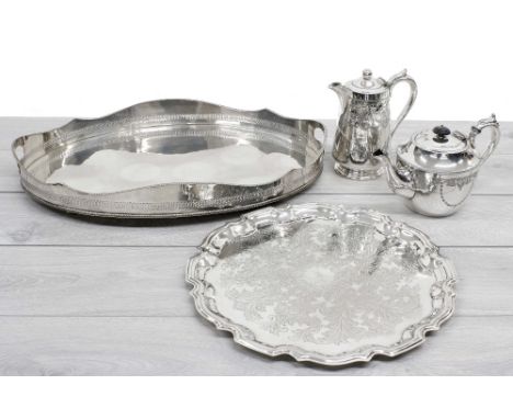 Good plated oval butler's gallery tray, 20.5" wide; together with a plated 'Cavalier' circular tray 14" diameter, and two T T