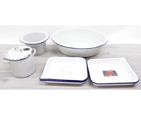 Vintage white enamel flour tin, 8" high; with an oval enamel basin 21" long, a bowl, 11" diameter rim and three 8x10 Cesco Pr
