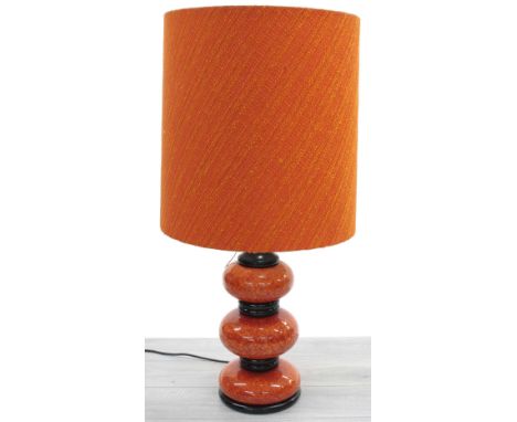 Large vintage orange glaze pottery and hardwood table lamp, 21" high including fitting, with large woven orange shade, 37" hi