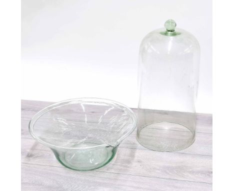 Tall glass cloche, 18" diameter, 8.5" high; together with a glass mixing bowl, 14.5" diameter