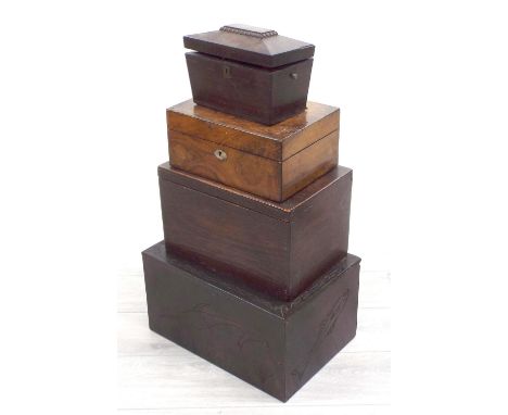 Victorian mahogany sarcophagus shape tea caddy, 8.25" wide, 5" deep, 6" high; together with a walnut work box with tiered int