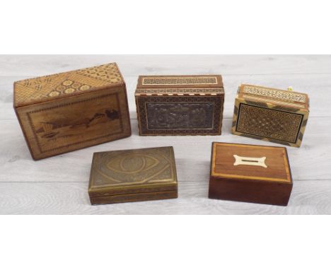Collection of five treen and brass boxes, including mother of pearl inlaid micro mosaic example, parquetry inlaid puzzle box,