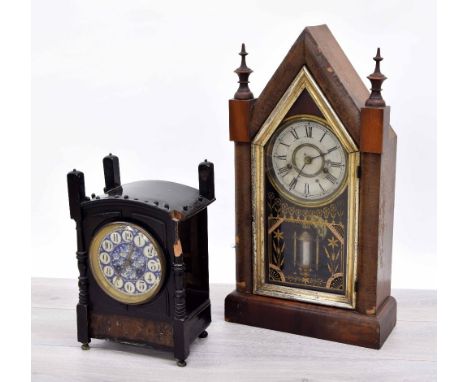 American two train shelf clock, 21" high (glass door at fault); together with an aesthetic ebonised mantel clock in need of r