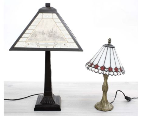 Table lamp with a frosted shade with scenes from Nairn, 23" high; together with a smaller table lamp with Tiffany style shade