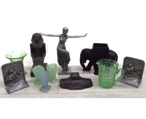 Mixed collection of decorative items to include an Art Deco style resin figure of a dancer, 12" high, a resin figure of a kne