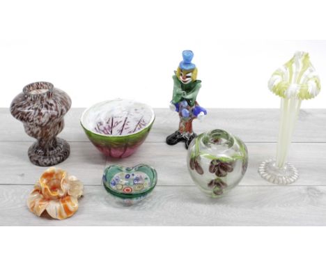 Collection of Murano and other similar art glass items, including a clown figure 9" high, candle holder, bowl, vases etc.