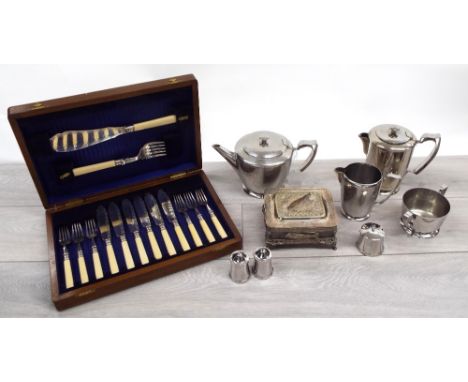 Olde Hall stainless tea with cruet set; together with a cased set of EPNS fish cutlery and a Walker &amp; Hall silver plated 