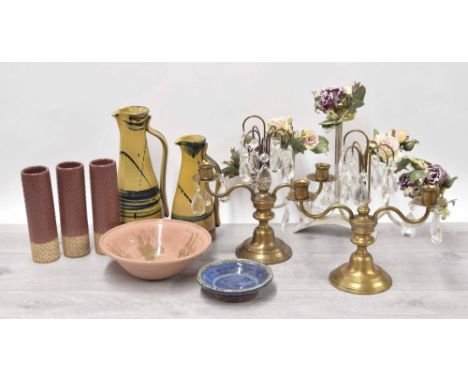 Collection of decorative studio pottery and accessories; including three modern cylinder vases, pair of drop twin sconce cand