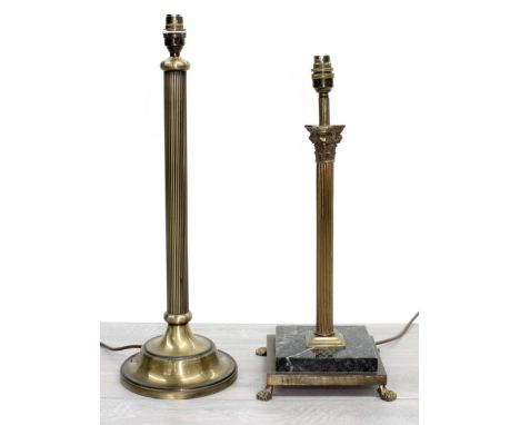 Brass Corinthian column table lamp, 20.5" high including fitting; together with another column table lamp upon square veined 