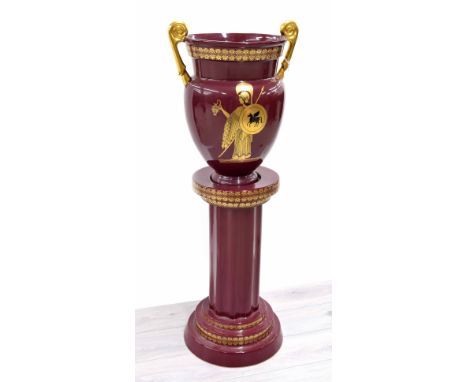 G.A.C Stoke On Trent - Greek style red and gilt glaze pottery twin handle urn, decorated with two Grecian gladiators, 17.5" h