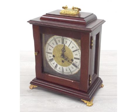 Mahogany cased three train bracket clock, the chiming movement stamped FHS Germany (Franz Hermle), 12" high (winding key)