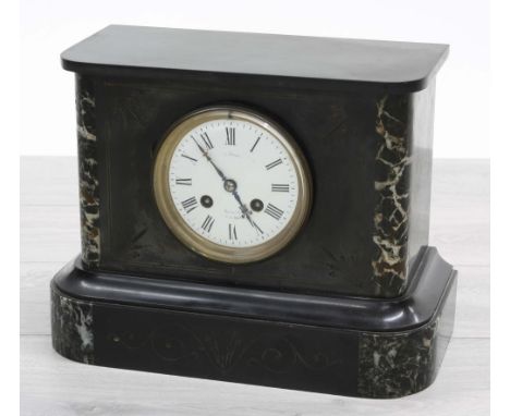 Black slate and onyx two train mantel clock, the white enamel dial with Roman numerals indistinctly signed .., Coventry, stri