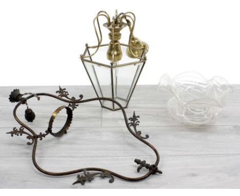 Brass hexagon hall ceiling lamp, 21" drop; together with a hanging lantern with an Italian type shaped glass shade, 21" high 