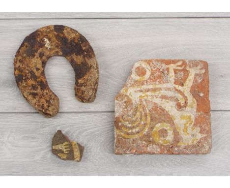 Antique cockerel decorated encaustic tile, cream glaze on terracotta, 6" x 6" x 1" thick (corner loss and surface cracks); to