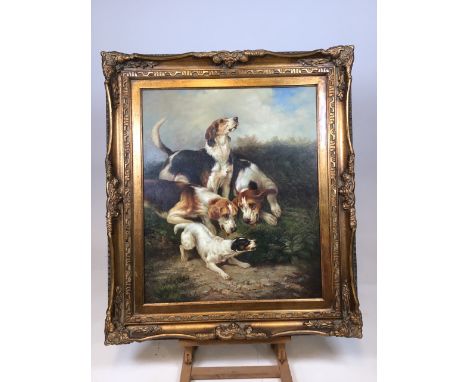 A reproduction oil on canvas copy after Stephane Oliver Paris,  hunting dogs in ornate gilt frame W:69cm x H:78cm