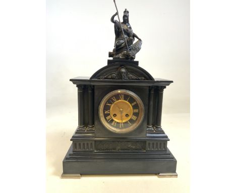 A large slate black and gilt mantle clock with Ionic columns and Greek figural scenes with Statue of Athena to the top. W:35c