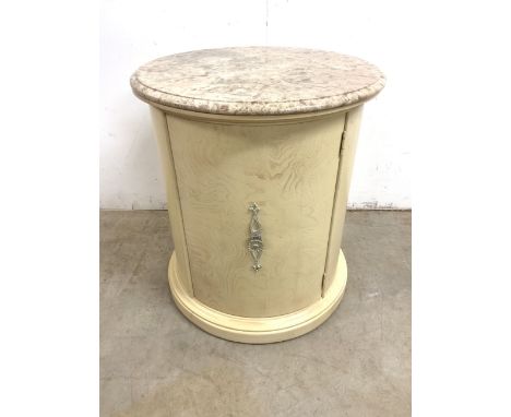 A marble topped circular cupboard with interior shelf. W:58cm x D:58cm x H:64cm