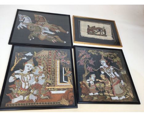 Four framed and glazed prints on fabric 