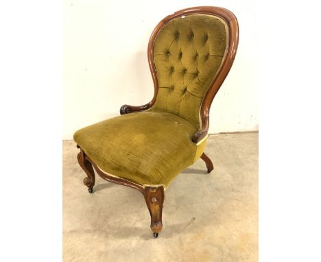 A Victorian button backed bedroom chairs with green valour upholstery.Seater height H:38cm