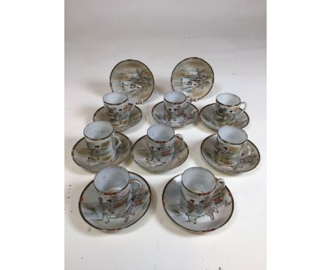 Japanese eggshell porcelain coffee cups and saucers - eight in total with additional saucers. Circa 1920