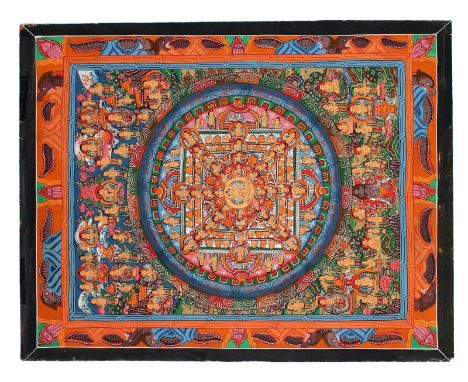 Thangka.: Mittig Buddha umgeben von versch. Göttern, tls. mit ihren Partnern bzw. Partnerinnen. Gouache auf dünner Lwd., tls.