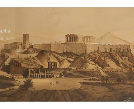 Die Akropolis von Athen.: Signierte Sepia-Zeichnung mit Aquarell von Berthold Otto Daun von 1887/88.  Ca. 53 x 72 cm. Anspruc