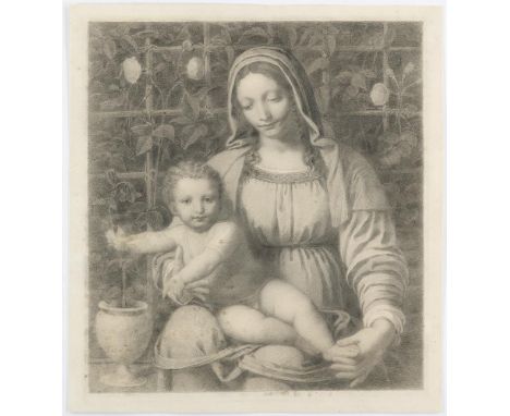 Luini, Bernadino: (1480/85-1532) nach. Madonna im Rosengarten (Madonna mit Kind). Anonyme Kohlezeichnung auf Kart., um 1830 n