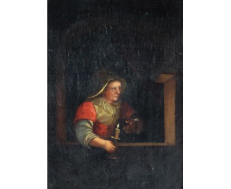 Dou, Gerard (auch Gerrit).: (1613 Leiden 1675) nach. Alte Frau mit Kerze an Fenster. Öl auf Leinwand wohl 18.-19. Jh. Ca. 32,