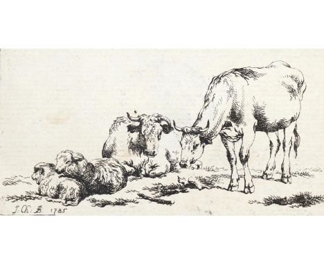 Brand, Johann Christian: (1722 Wien 1795). Zwei liegende Schafe u. zwei Kühe, davon eine liegend. Radierung auf Bütten 1785. 