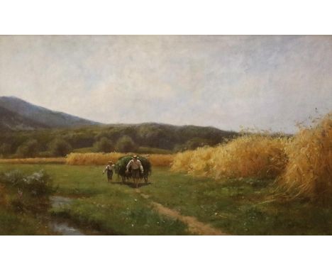 Puhonny, Victor: (1838 Prag - Baden-Baden 1909). Hochsommer im Felde bei der Ernte. Öl auf Leinwand. 33,5 x 56 cm. Gerahmt.  